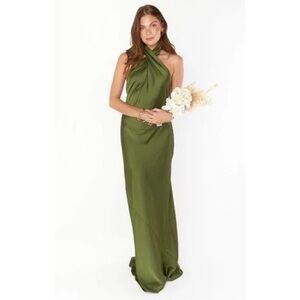 Olive Green Halter Satin Maxi Dress